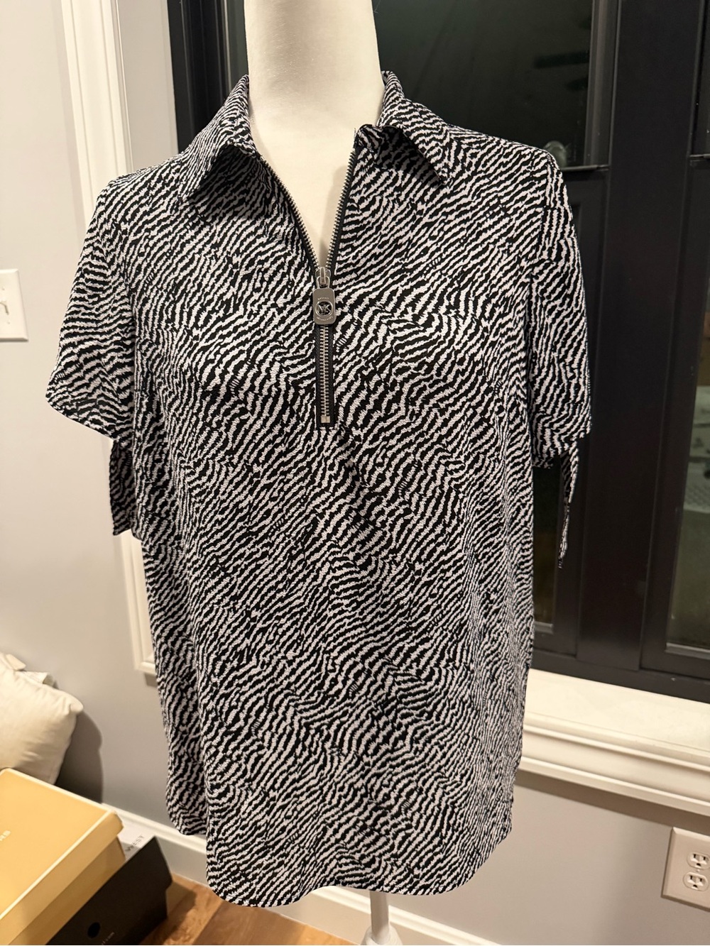 Michael Kors Black and White Animal Print Zip-Front Patterned Polo